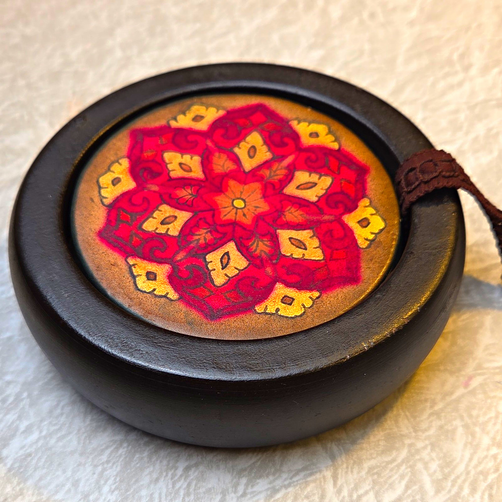 Leather Round Coaster Set 6pc w/ Holder Rack Brown Red Gold Mandala Floral
